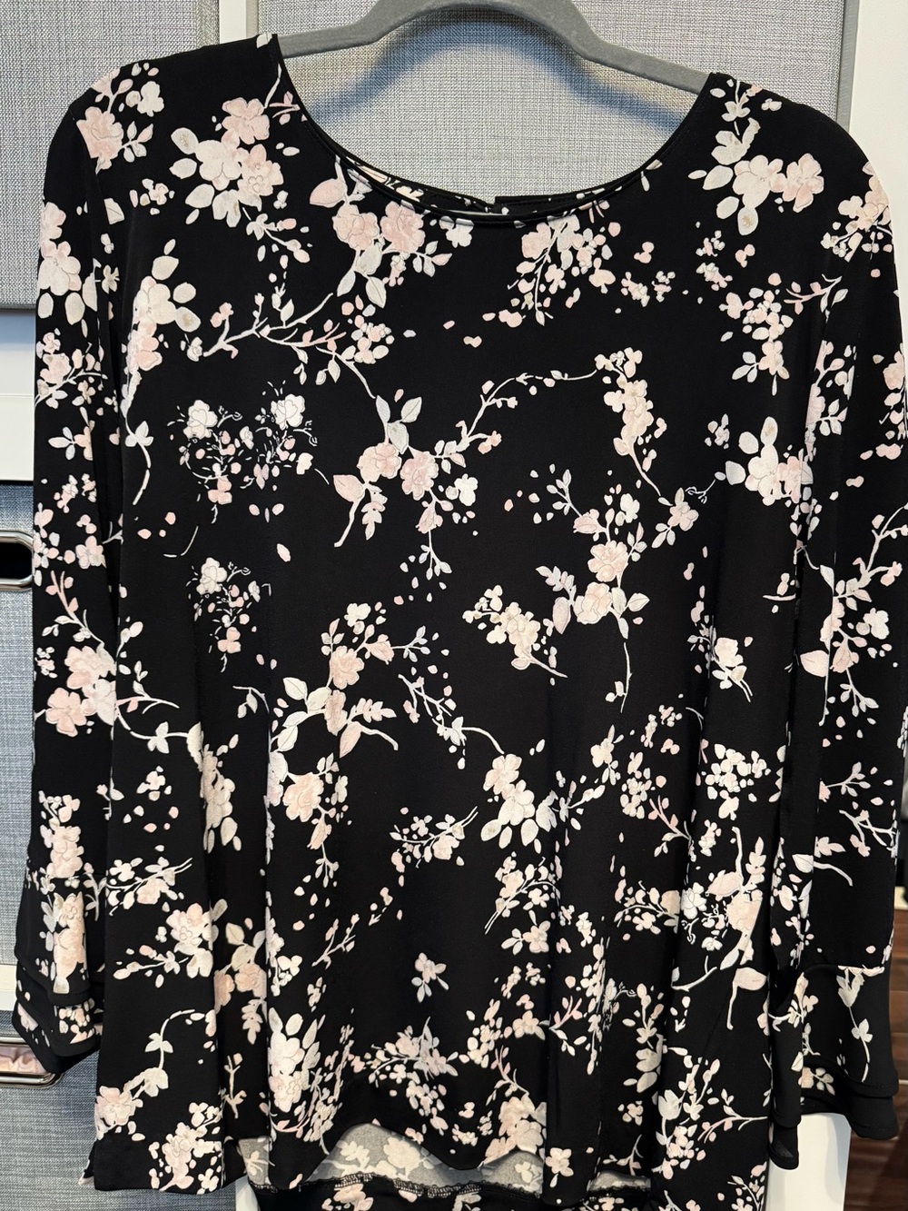 Karl Lagerfeld Black Long-Sleeve Floral Top with Pale Pink Blossoms